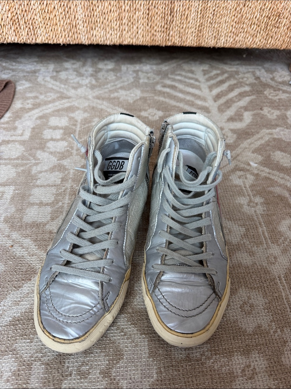 Golden Goose Silver High-Top Sneakers with Red Star and Accent - Picture 6 of 7